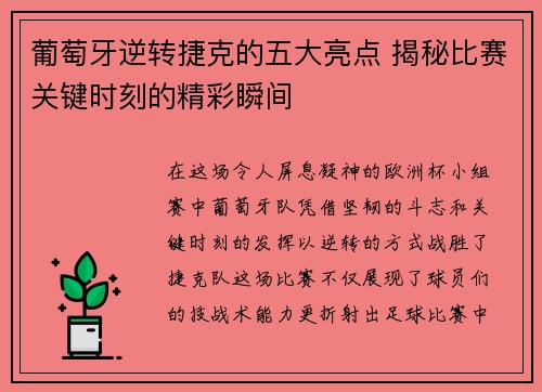 葡萄牙逆转捷克的五大亮点 揭秘比赛关键时刻的精彩瞬间