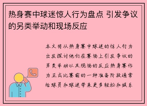 热身赛中球迷惊人行为盘点 引发争议的另类举动和现场反应